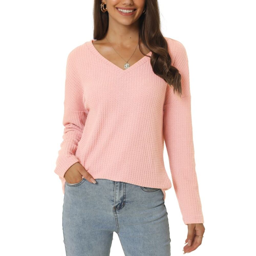 Waffle Knit Tops V Neck Shirts Slouchy Loose Blouse Lightweight Pullover Pink